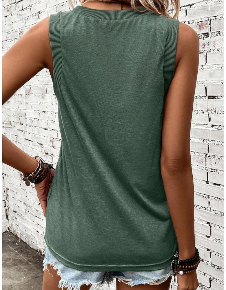 Mist Green Frayed American Flag Printed V Neck Tank Top