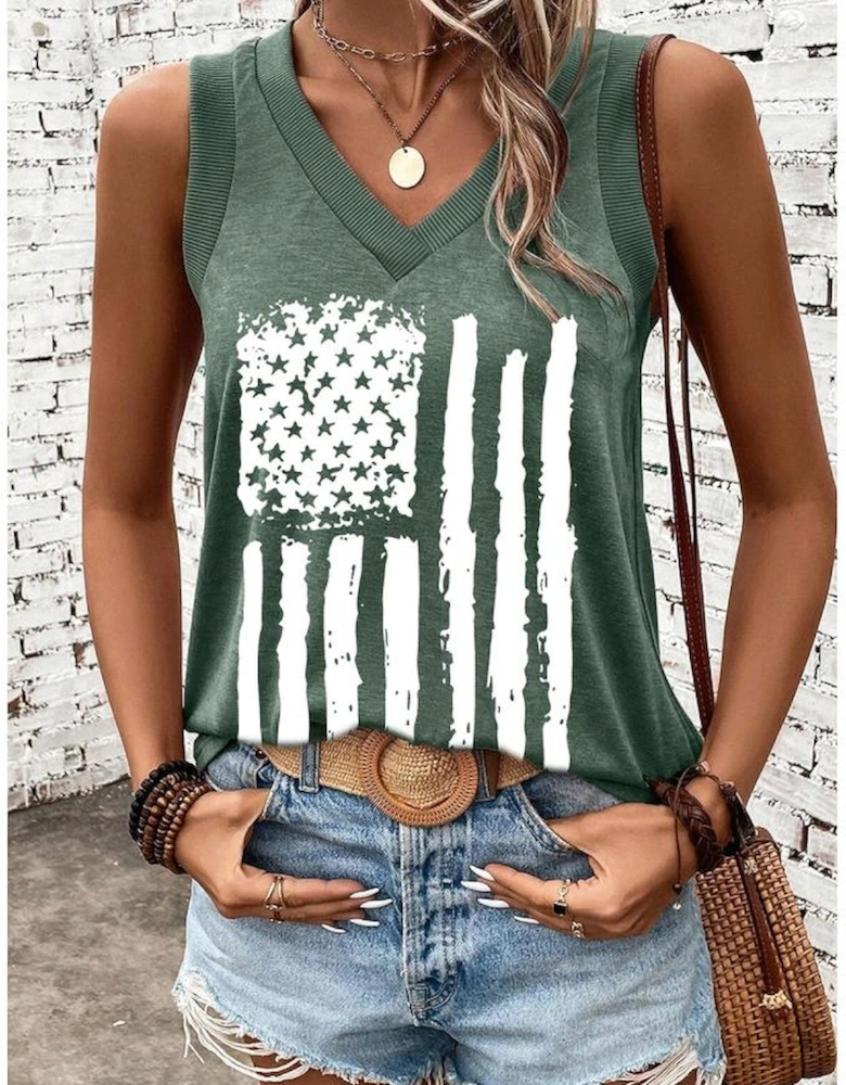 Mist Green Frayed American Flag Printed V Neck Tank Top