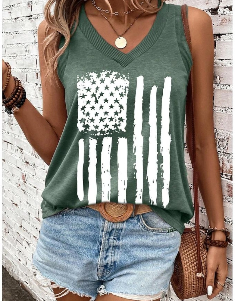 Mist Green Frayed American Flag Printed V Neck Tank Top