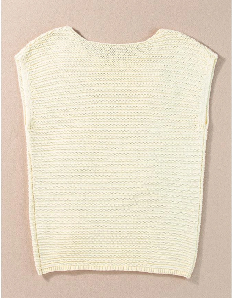 White Flower Crochet Round Neck Knitted Top