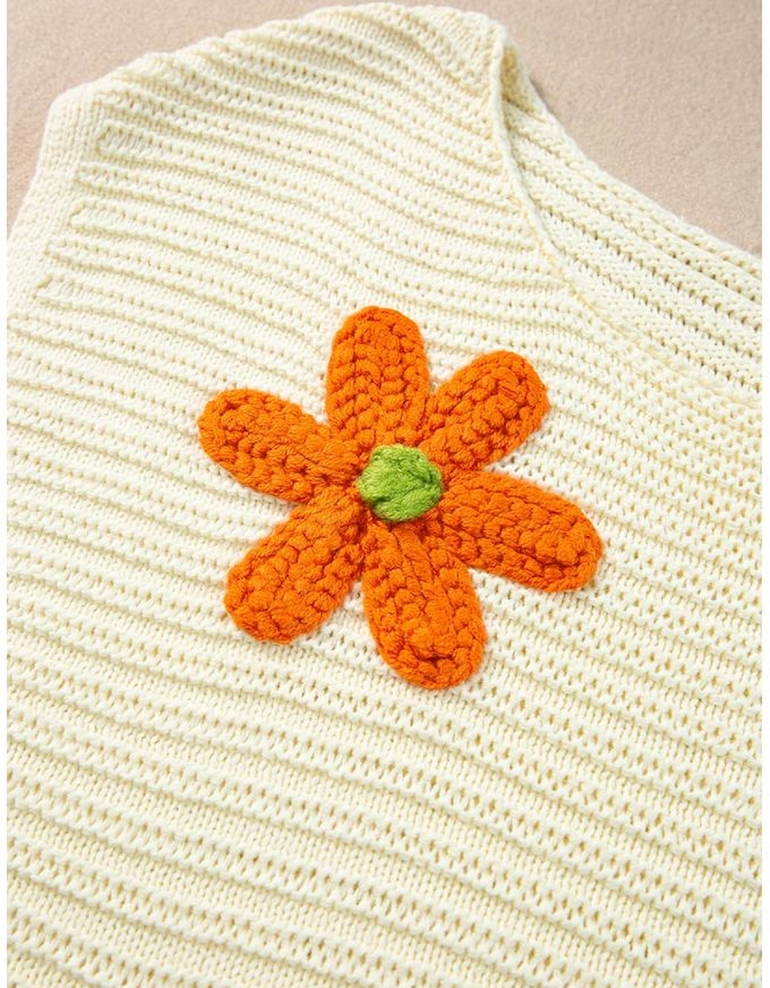 White Flower Crochet Round Neck Knitted Top