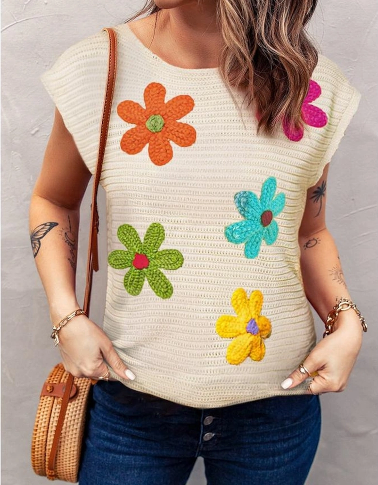 White Flower Crochet Round Neck Knitted Top