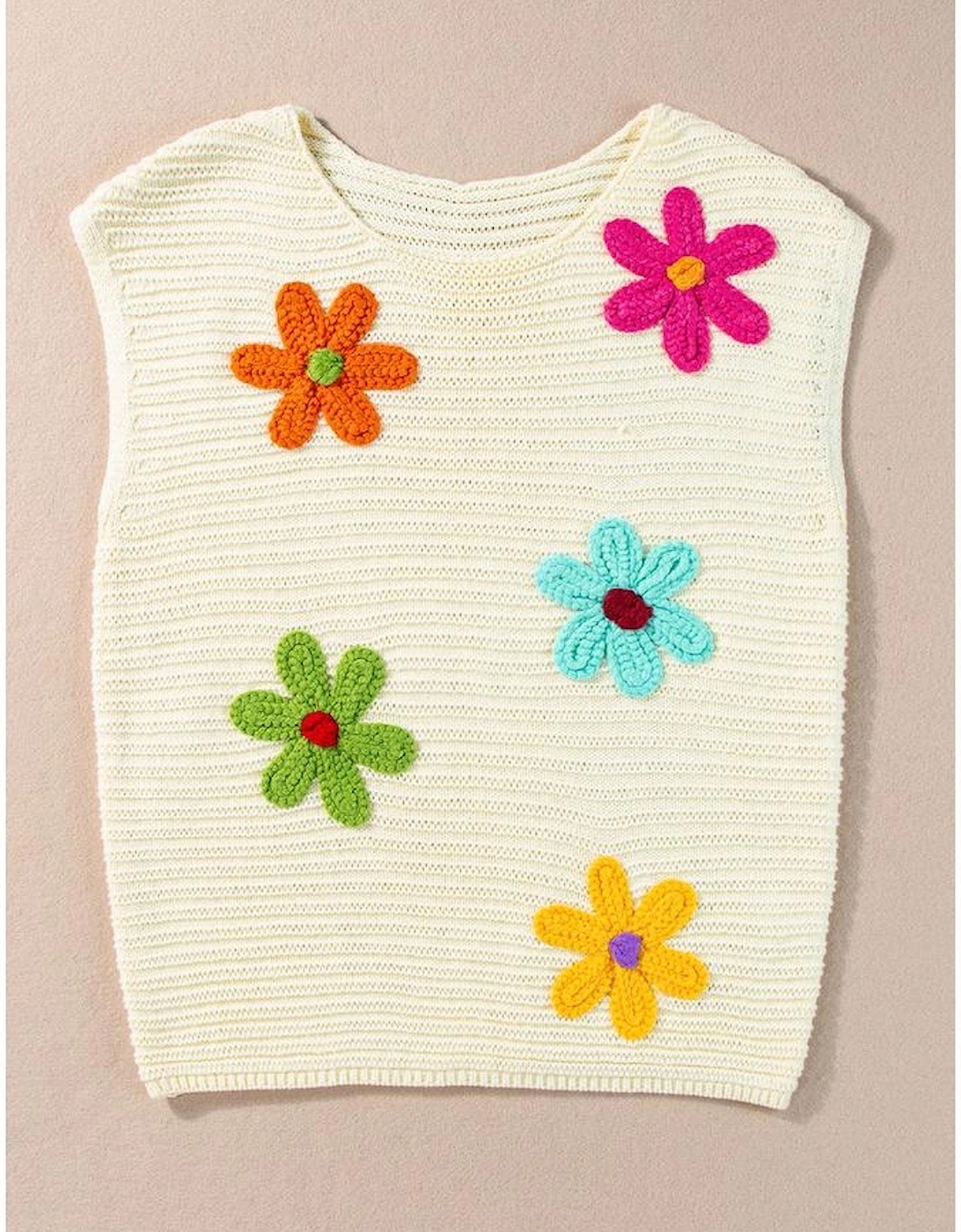 White Flower Crochet Round Neck Knitted Top