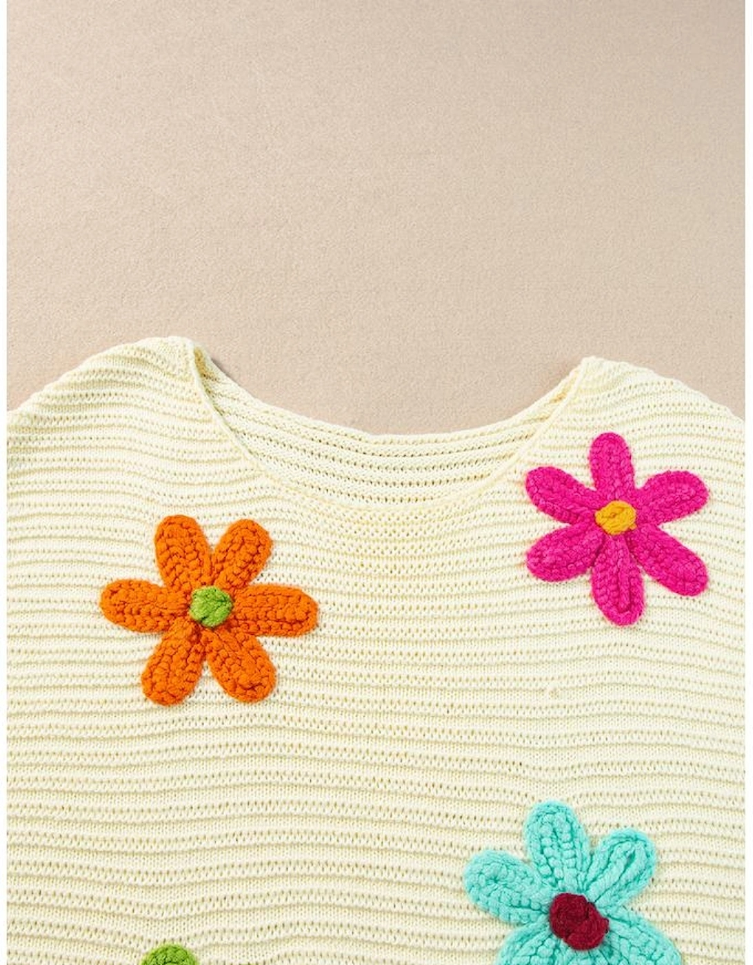 White Flower Crochet Round Neck Knitted Top