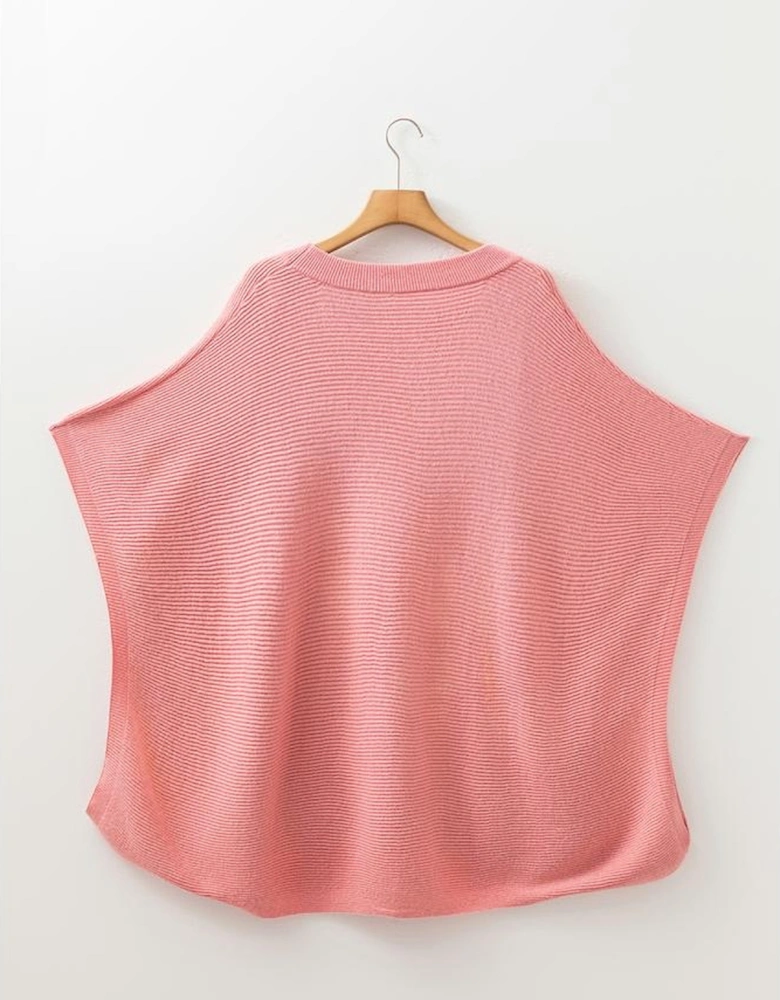 Light Pink Ribbed Knit Half Sleeve Plus Size Poncho Style Sweater