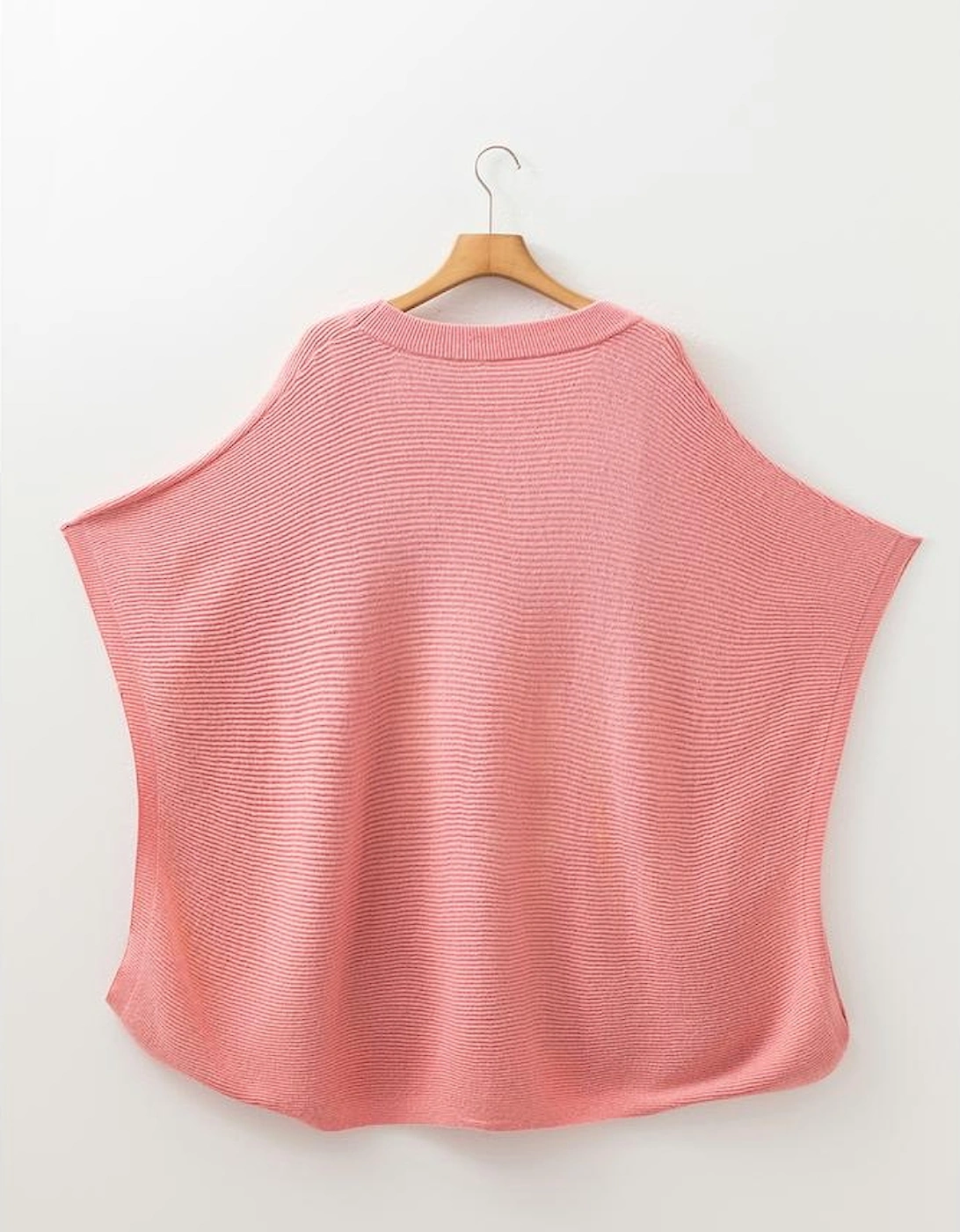 Light Pink Ribbed Knit Half Sleeve Plus Size Poncho Style Sweater
