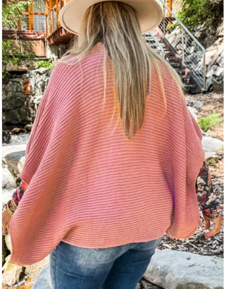 Light Pink Ribbed Knit Half Sleeve Plus Size Poncho Style Sweater