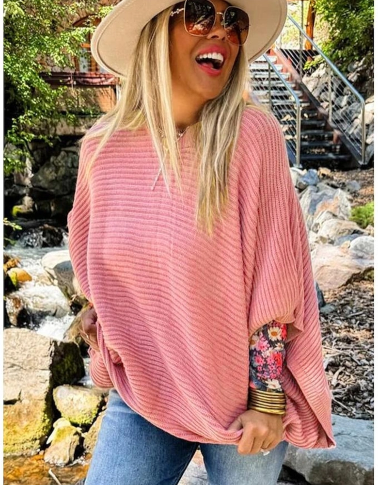 Light Pink Ribbed Knit Half Sleeve Plus Size Poncho Style Sweater