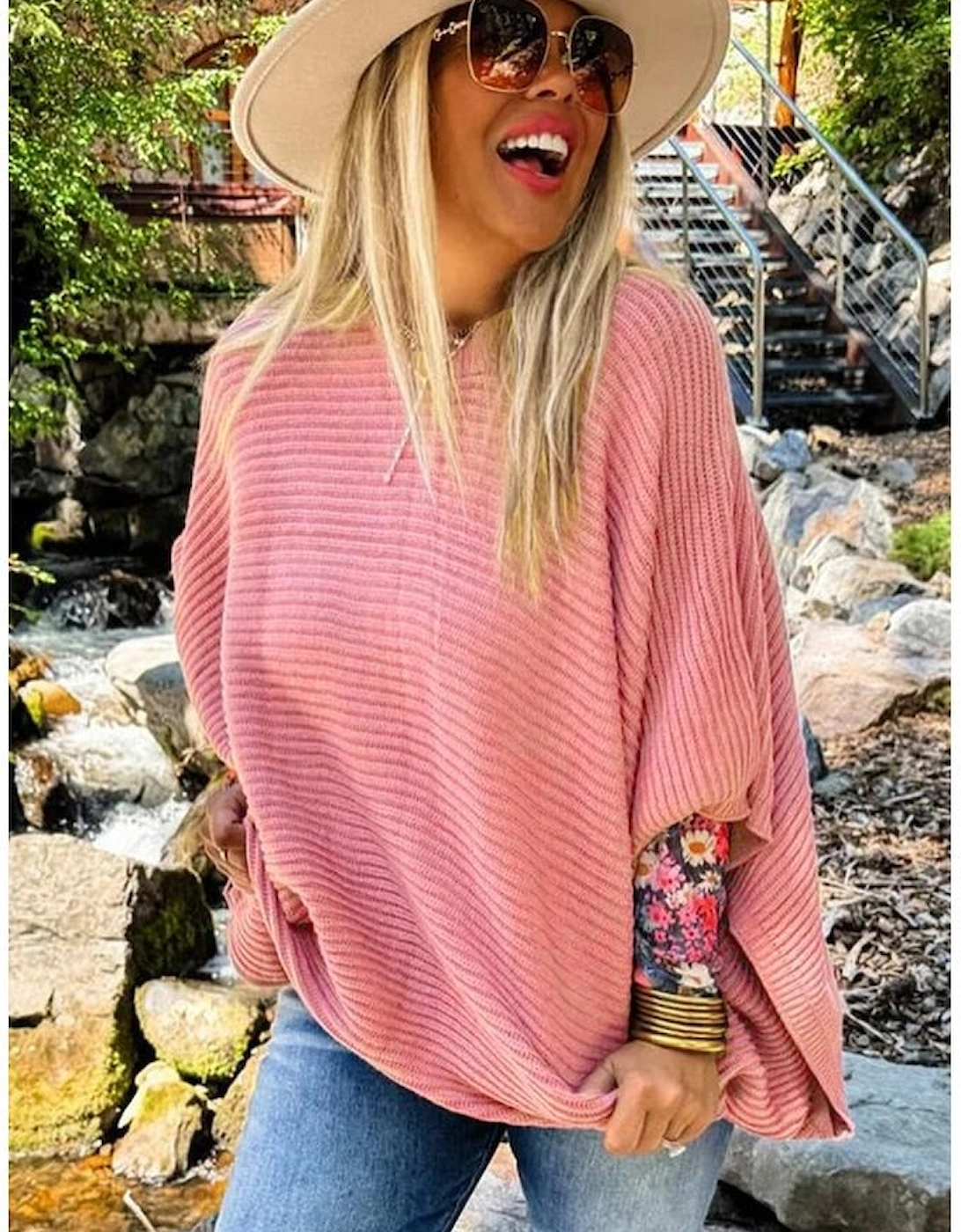 Light Pink Ribbed Knit Half Sleeve Plus Size Poncho Style Sweater
