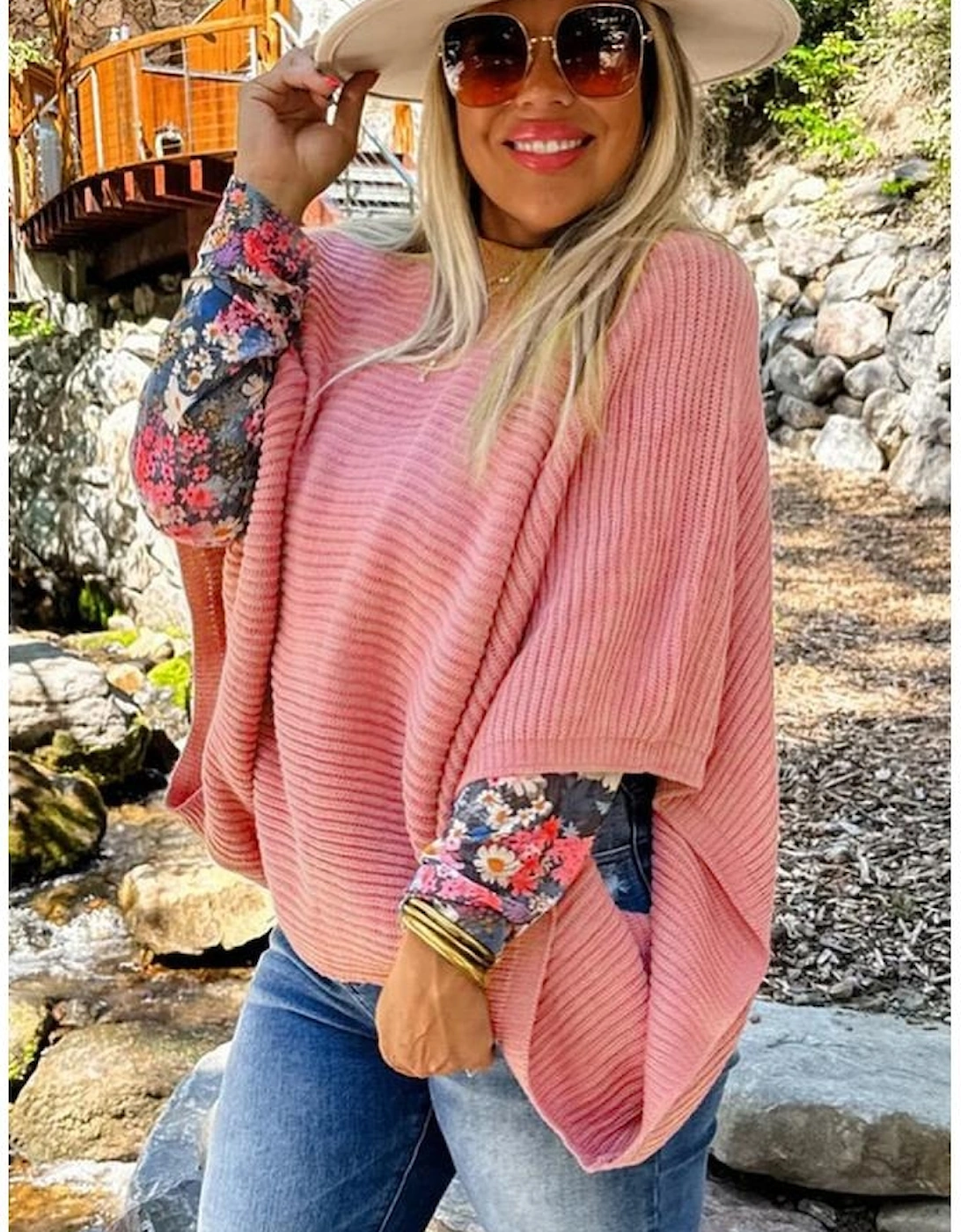 Light Pink Ribbed Knit Half Sleeve Plus Size Poncho Style Sweater