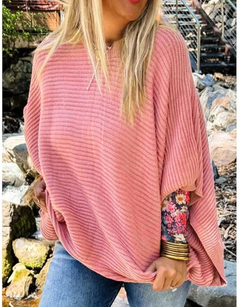 Light Pink Ribbed Knit Half Sleeve Plus Size Poncho Style Sweater