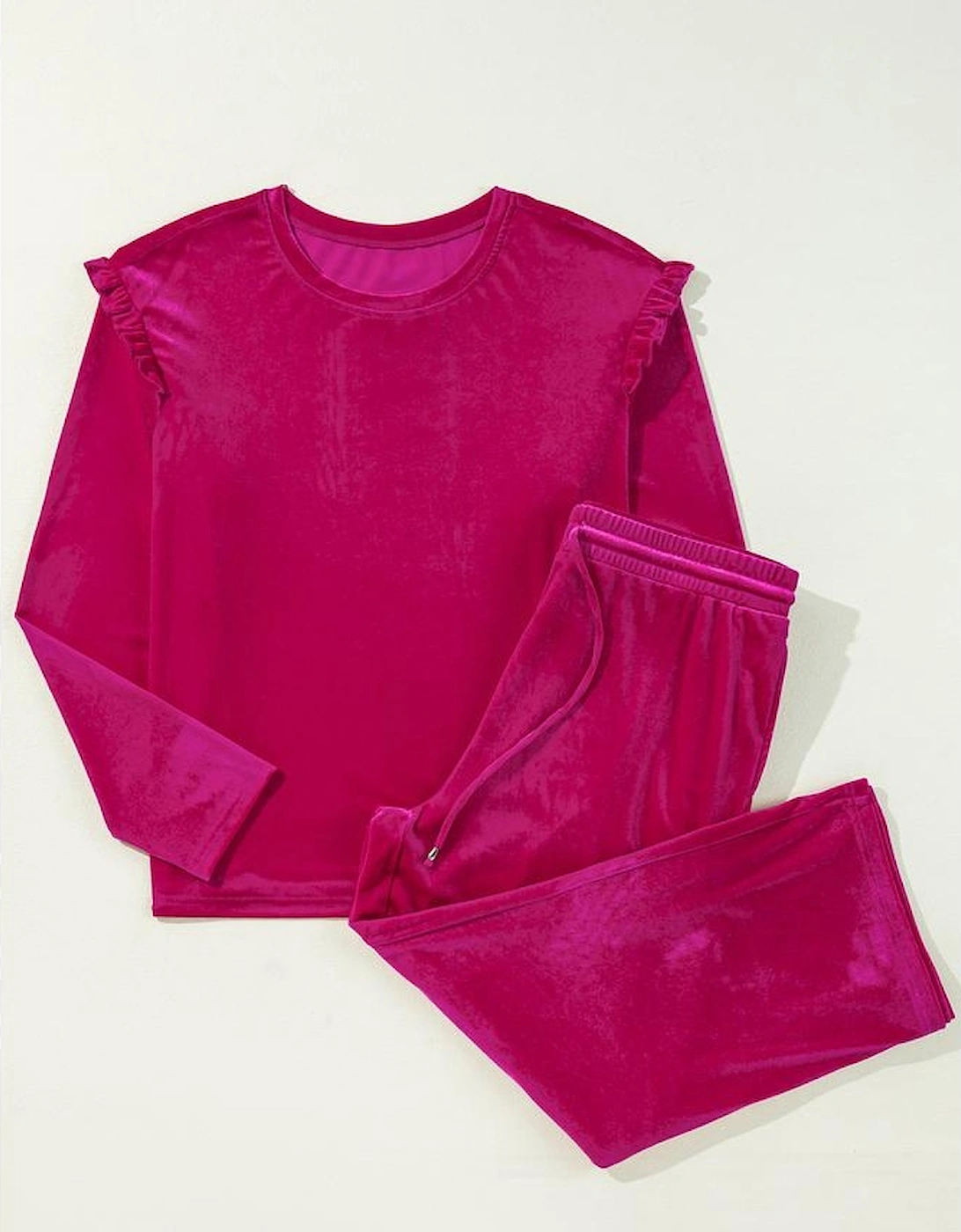 Rose Red Solid Velvet Ruffled Two Piece Pants Set