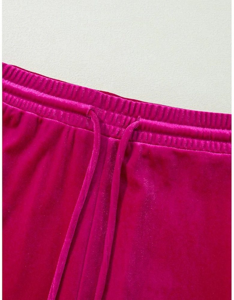 Rose Red Solid Velvet Ruffled Two Piece Pants Set
