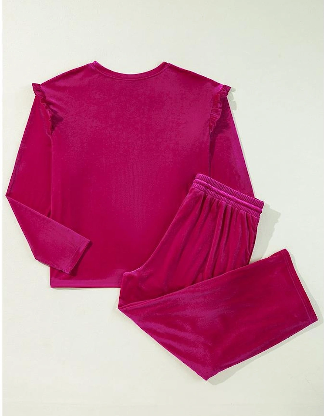 Rose Red Solid Velvet Ruffled Two Piece Pants Set