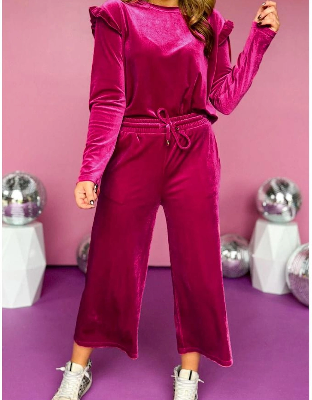 Rose Red Solid Velvet Ruffled Two Piece Pants Set
