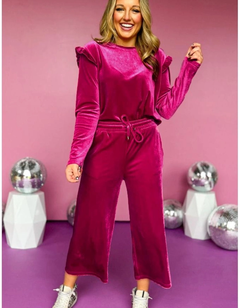 Rose Red Solid Velvet Ruffled Two Piece Pants Set