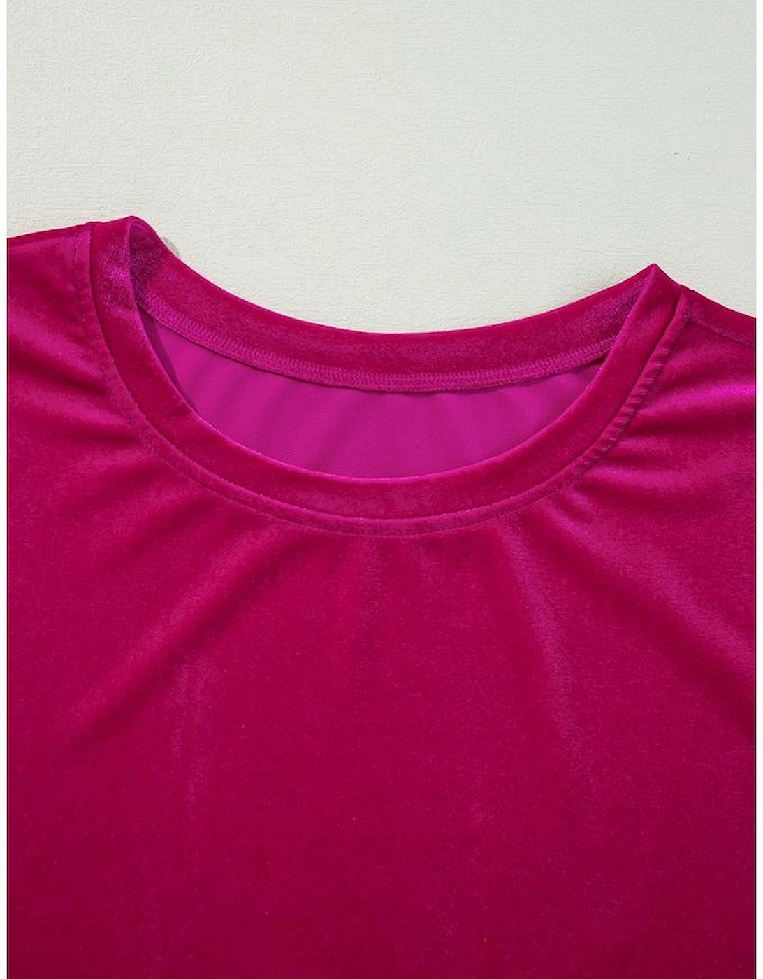 Rose Red Solid Velvet Ruffled Two Piece Pants Set