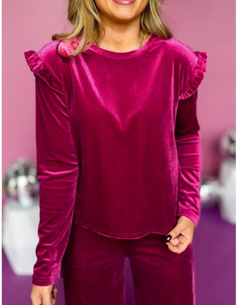 Rose Red Solid Velvet Ruffled Two Piece Pants Set