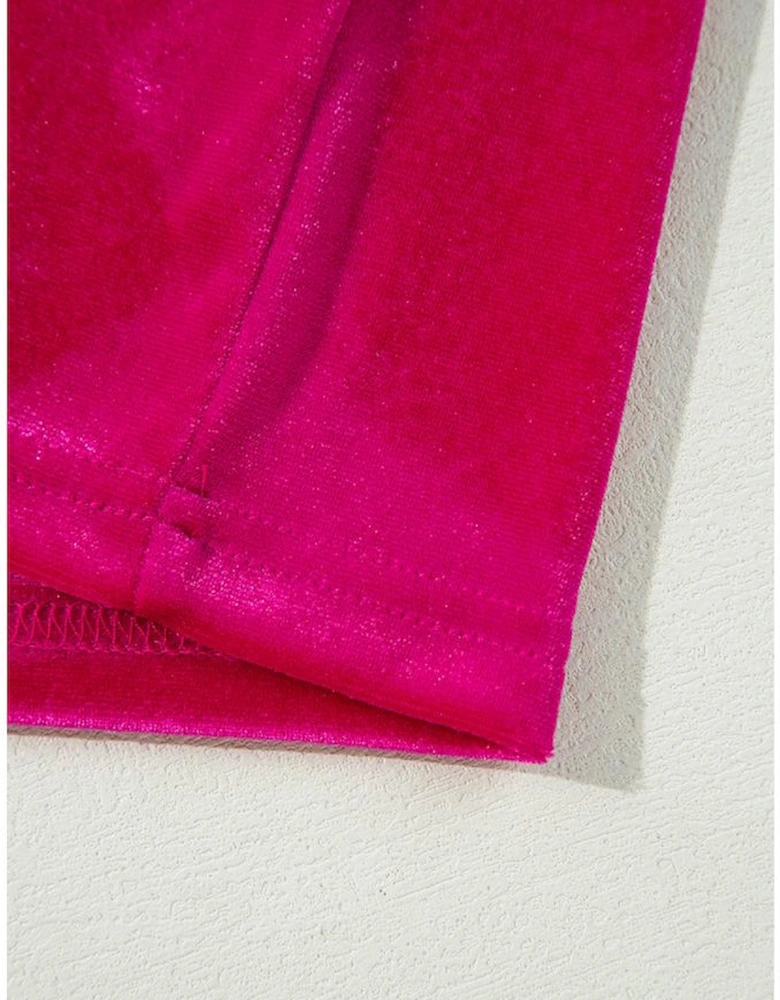 Rose Red Solid Velvet Ruffled Two Piece Pants Set