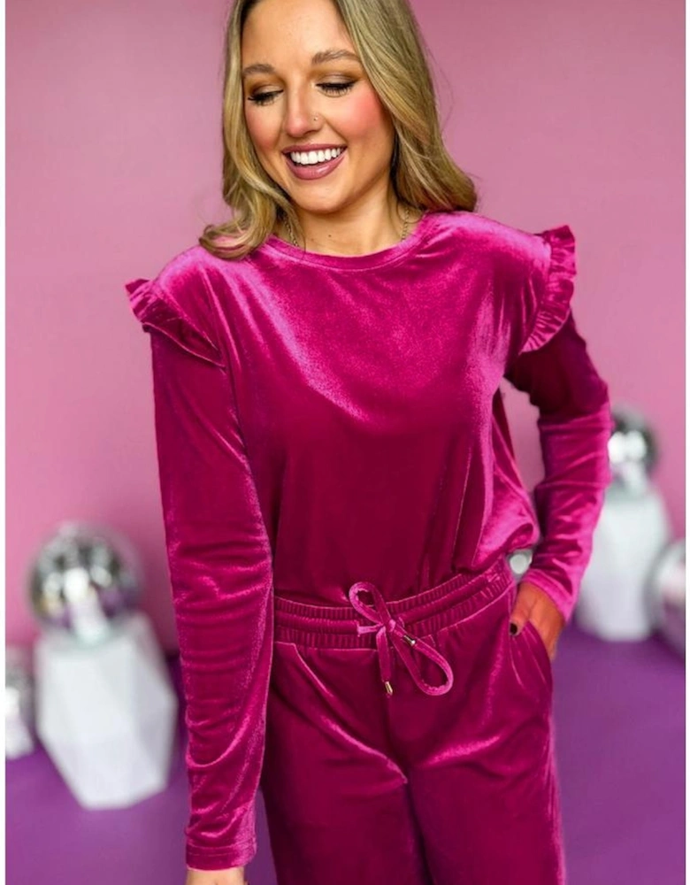 Rose Red Solid Velvet Ruffled Two Piece Pants Set