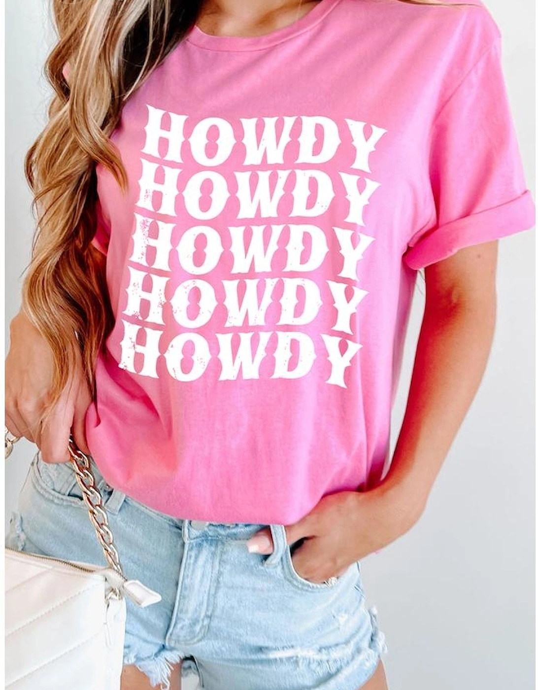 Sachet Pink HOWDY Graphic Western Crew Neck Tee
