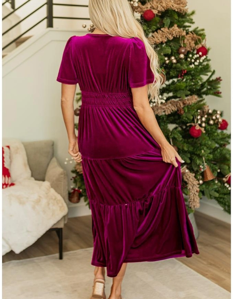 Red Dahlia Velvet Short Sleeve Shirred Waist Tiered Maxi Dress