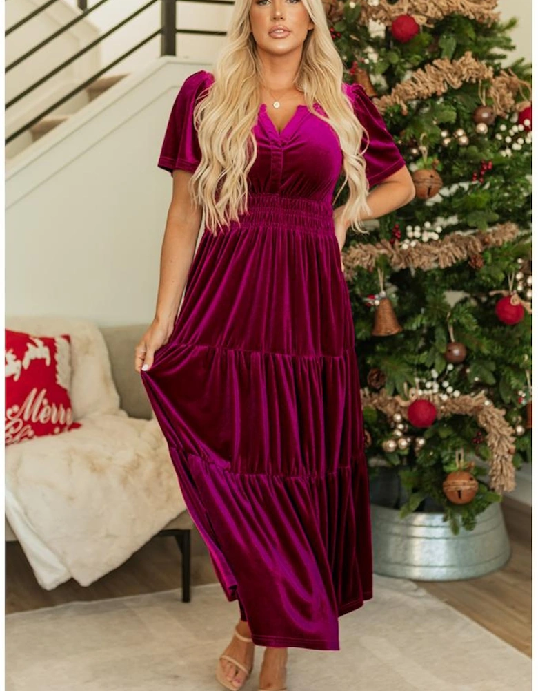 Red Dahlia Velvet Short Sleeve Shirred Waist Tiered Maxi Dress