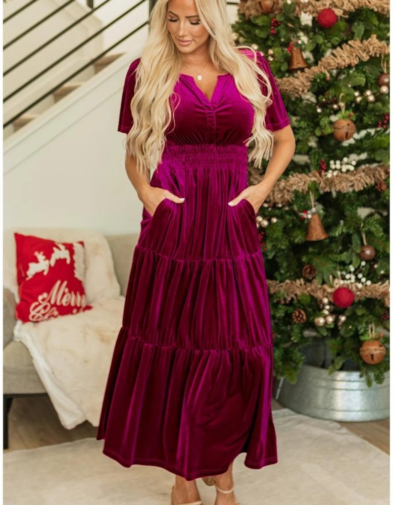 Red Dahlia Velvet Short Sleeve Shirred Waist Tiered Maxi Dress