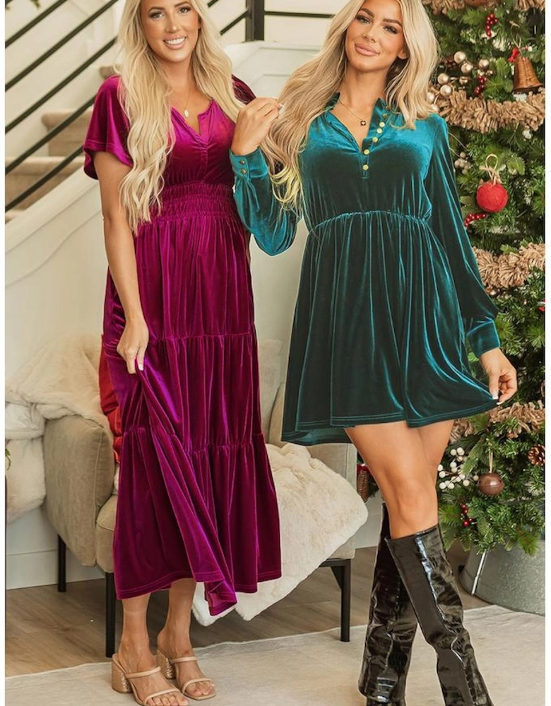 Red Dahlia Velvet Short Sleeve Shirred Waist Tiered Maxi Dress