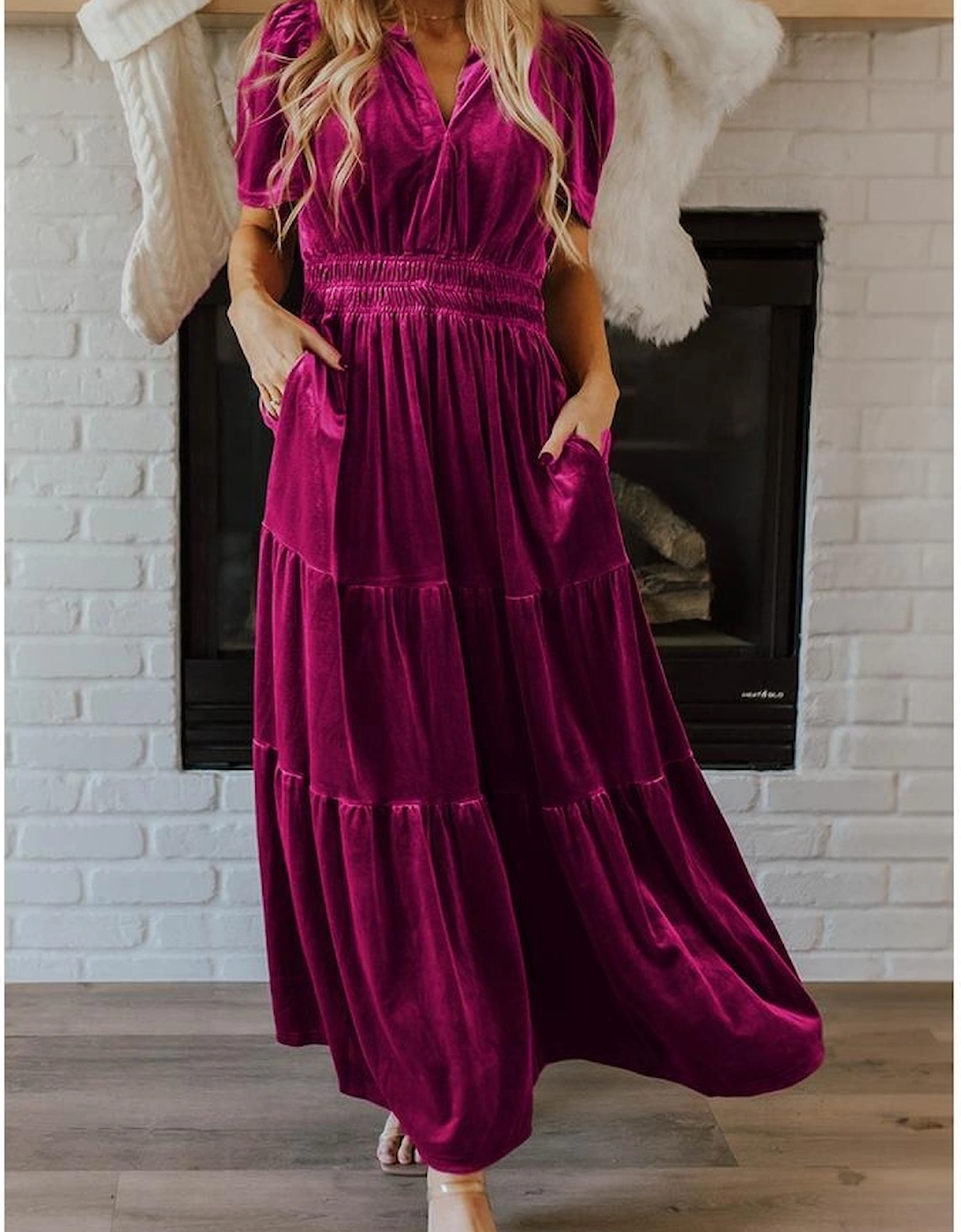 Red Dahlia Velvet Short Sleeve Shirred Waist Tiered Maxi Dress