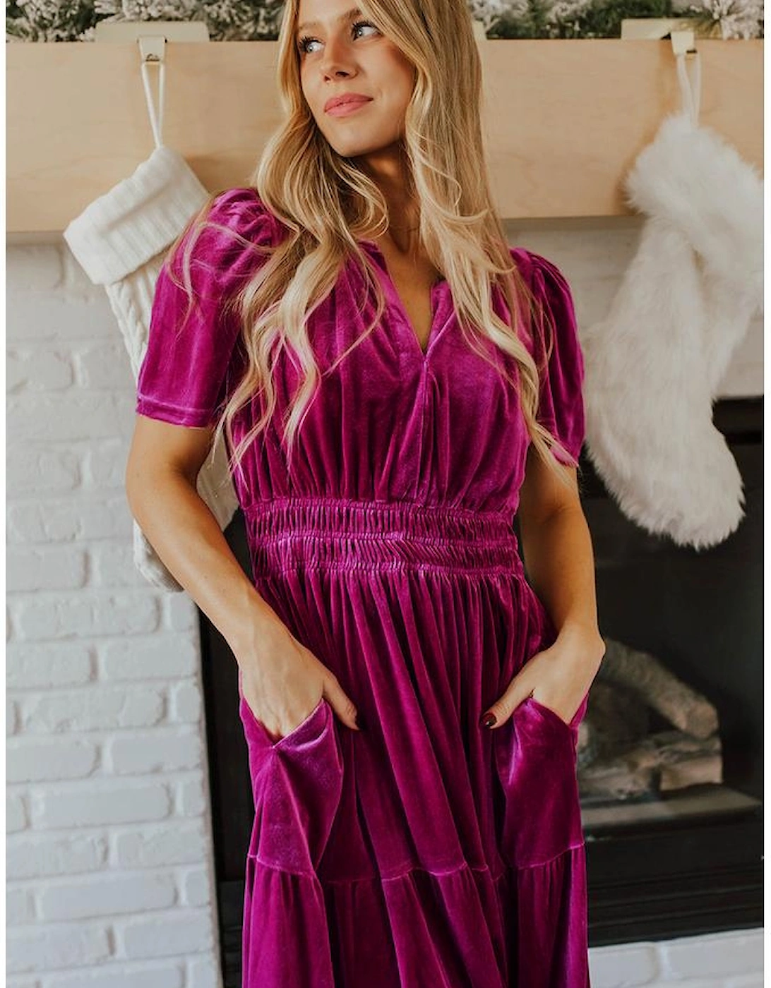 Red Dahlia Velvet Short Sleeve Shirred Waist Tiered Maxi Dress