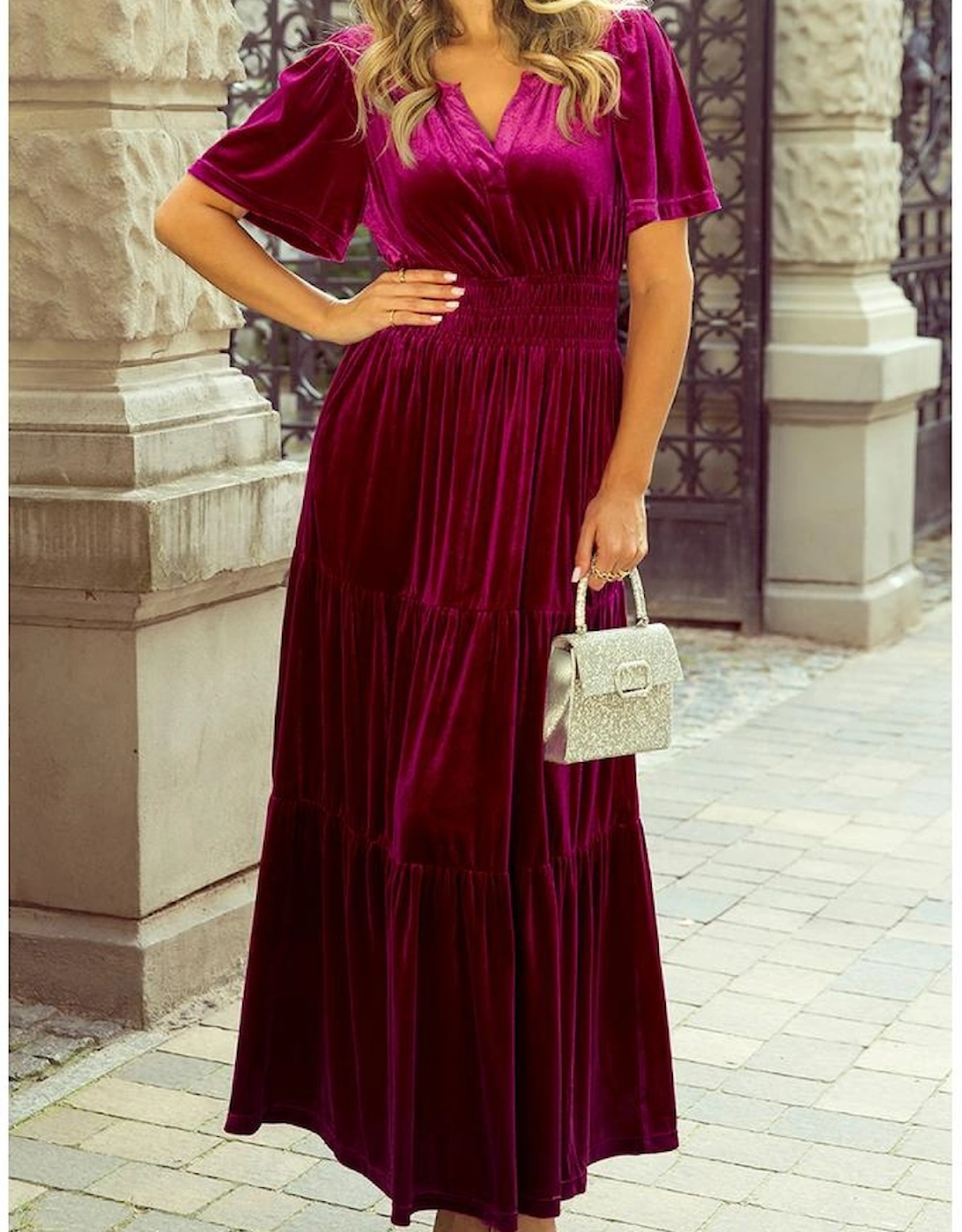 Red Dahlia Velvet Short Sleeve Shirred Waist Tiered Maxi Dress