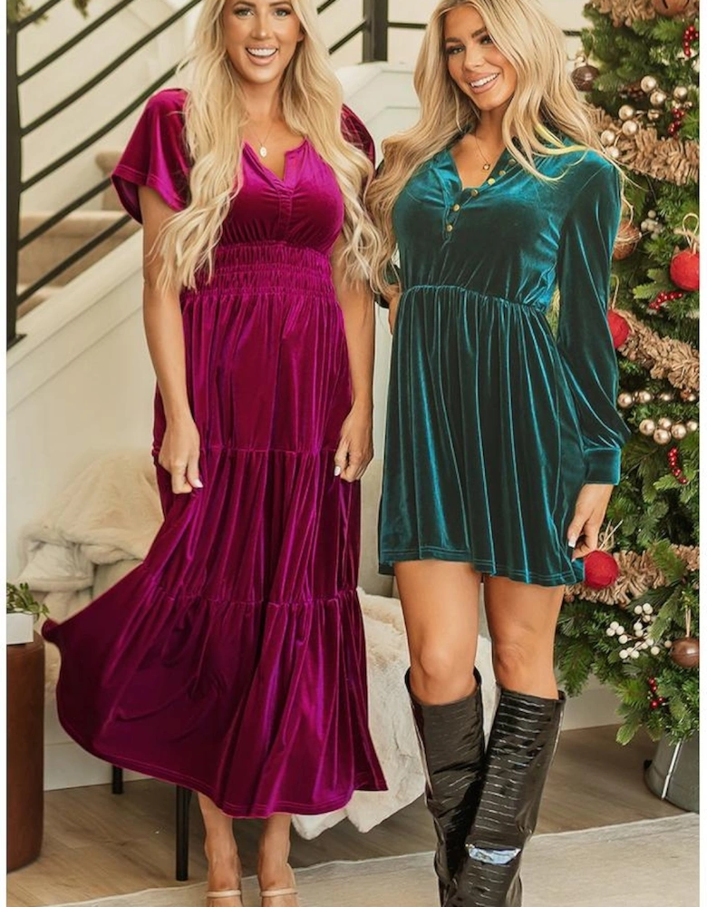 Red Dahlia Velvet Short Sleeve Shirred Waist Tiered Maxi Dress