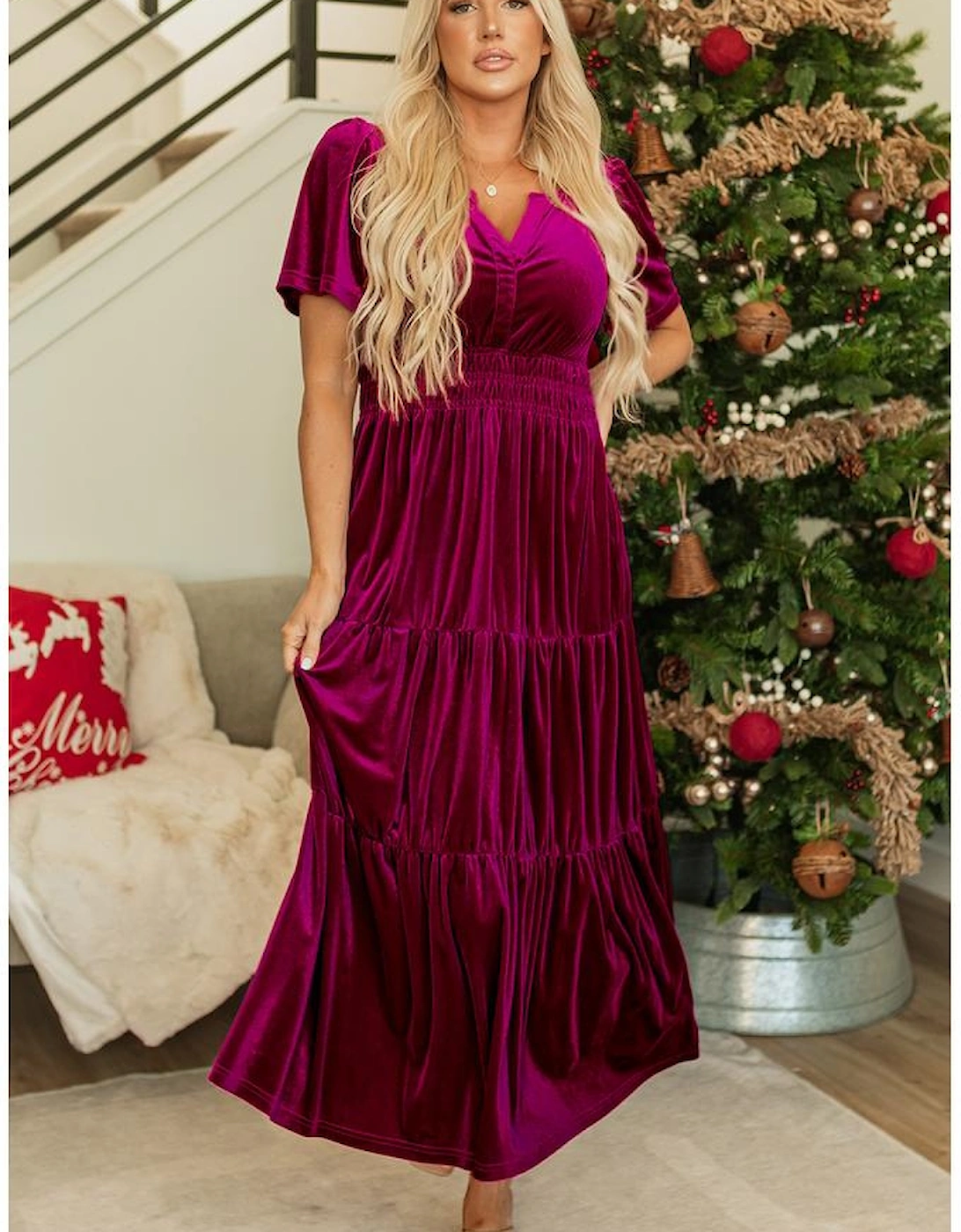 Red Dahlia Velvet Short Sleeve Shirred Waist Tiered Maxi Dress