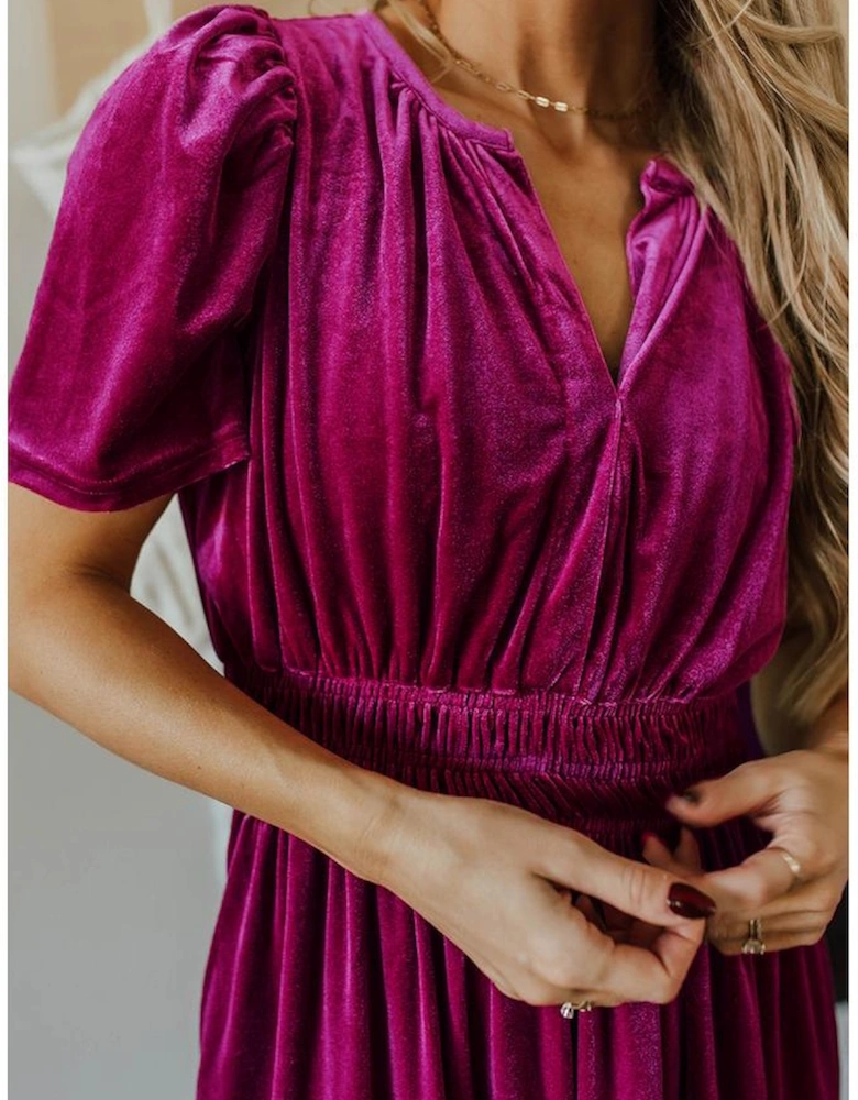 Red Dahlia Velvet Short Sleeve Shirred Waist Tiered Maxi Dress