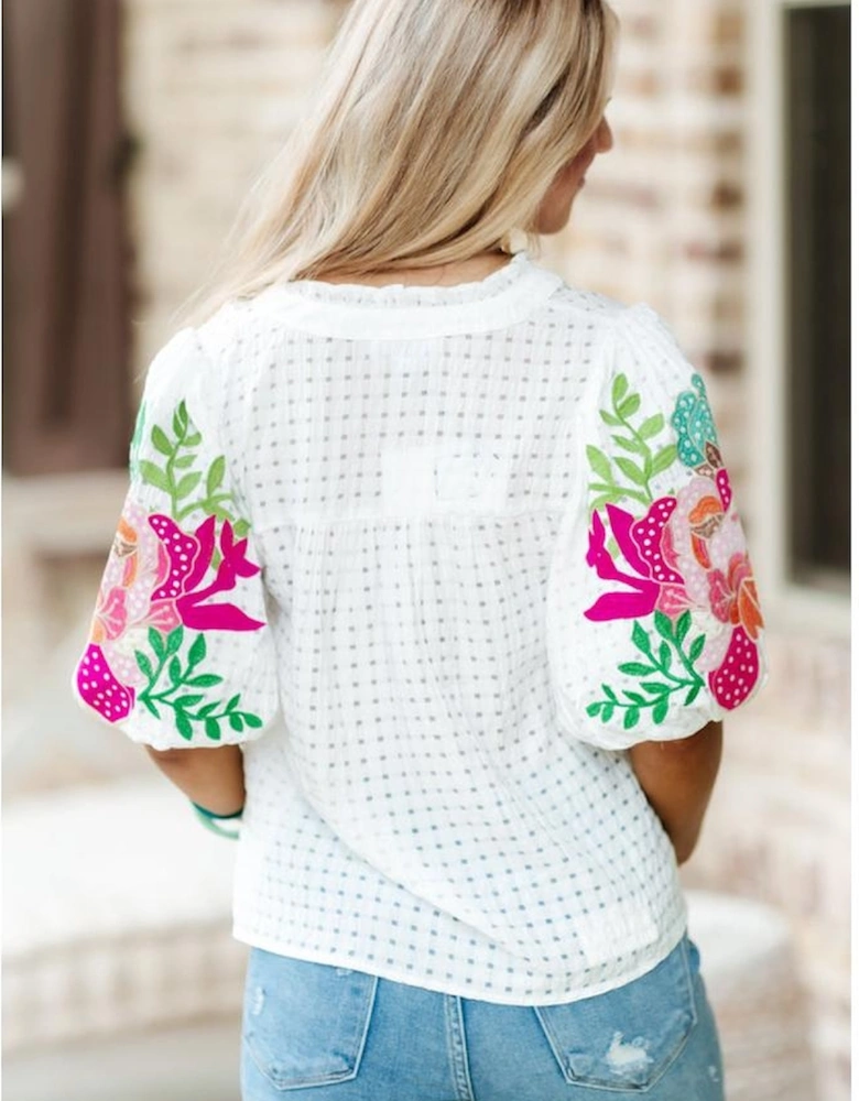 White Floral Embroidered Puff Sleeve Notched Neck Blouse