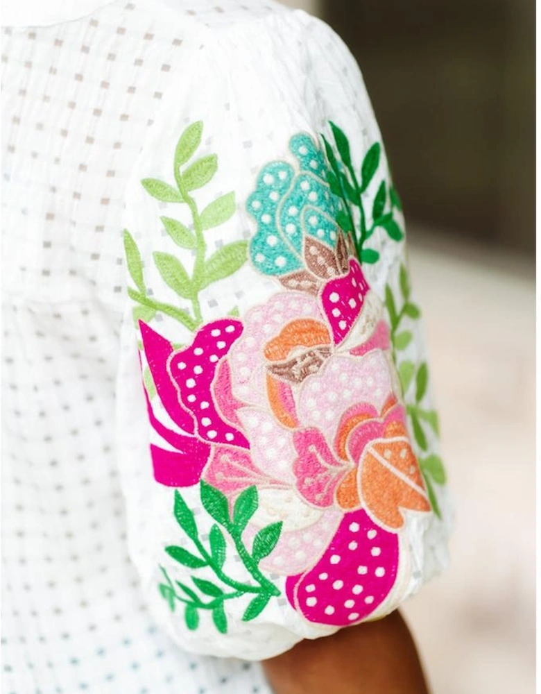 White Floral Embroidered Puff Sleeve Notched Neck Blouse