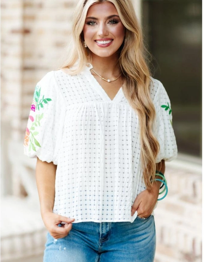 White Floral Embroidered Puff Sleeve Notched Neck Blouse