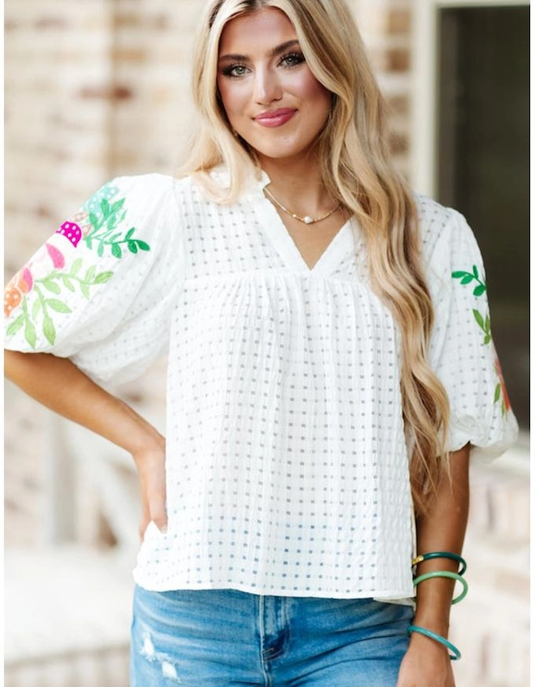 White Floral Embroidered Puff Sleeve Notched Neck Blouse