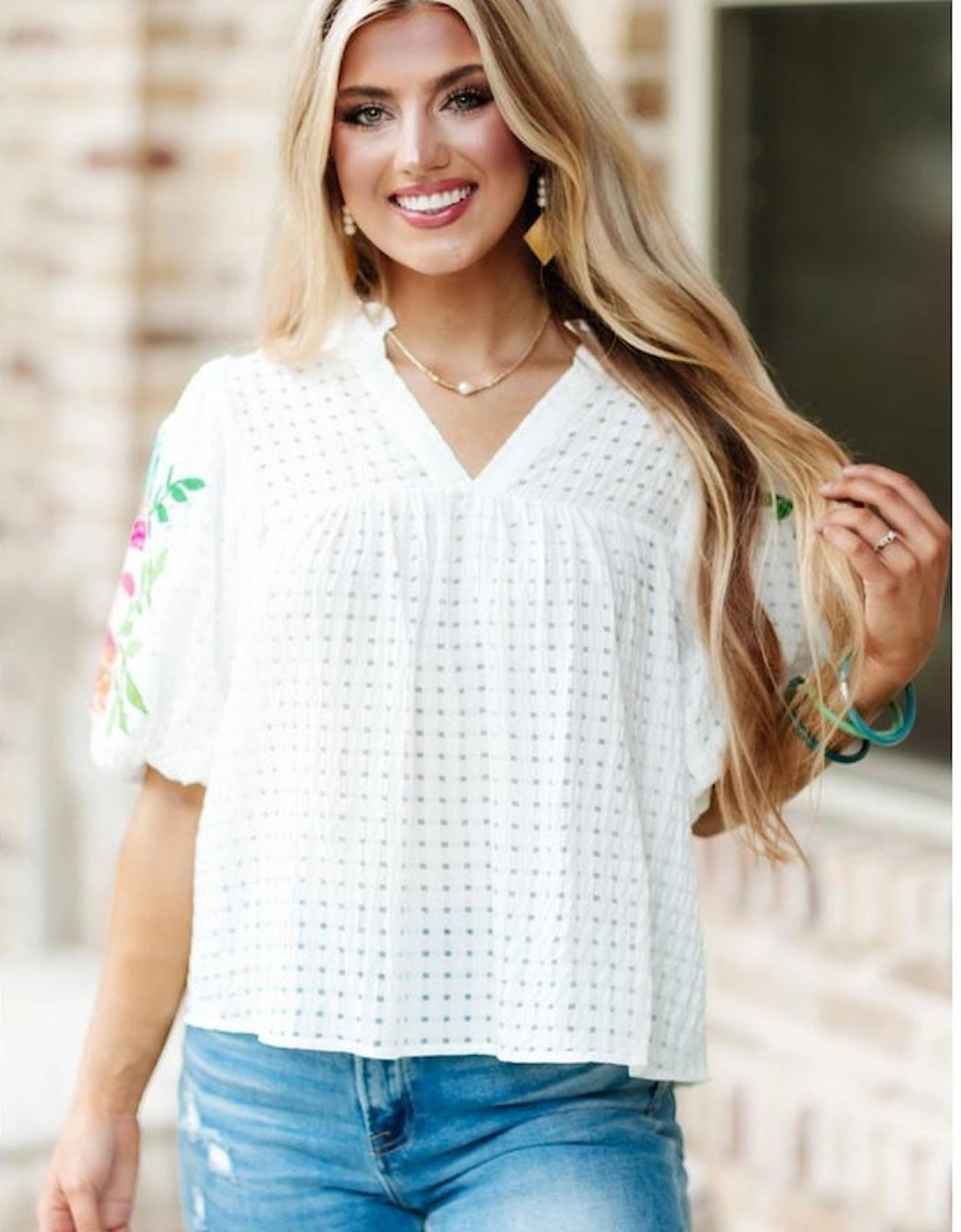 White Floral Embroidered Puff Sleeve Notched Neck Blouse