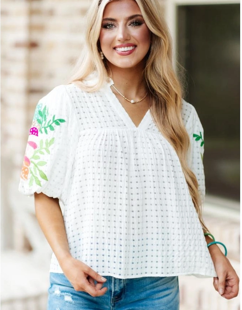 White Floral Embroidered Puff Sleeve Notched Neck Blouse