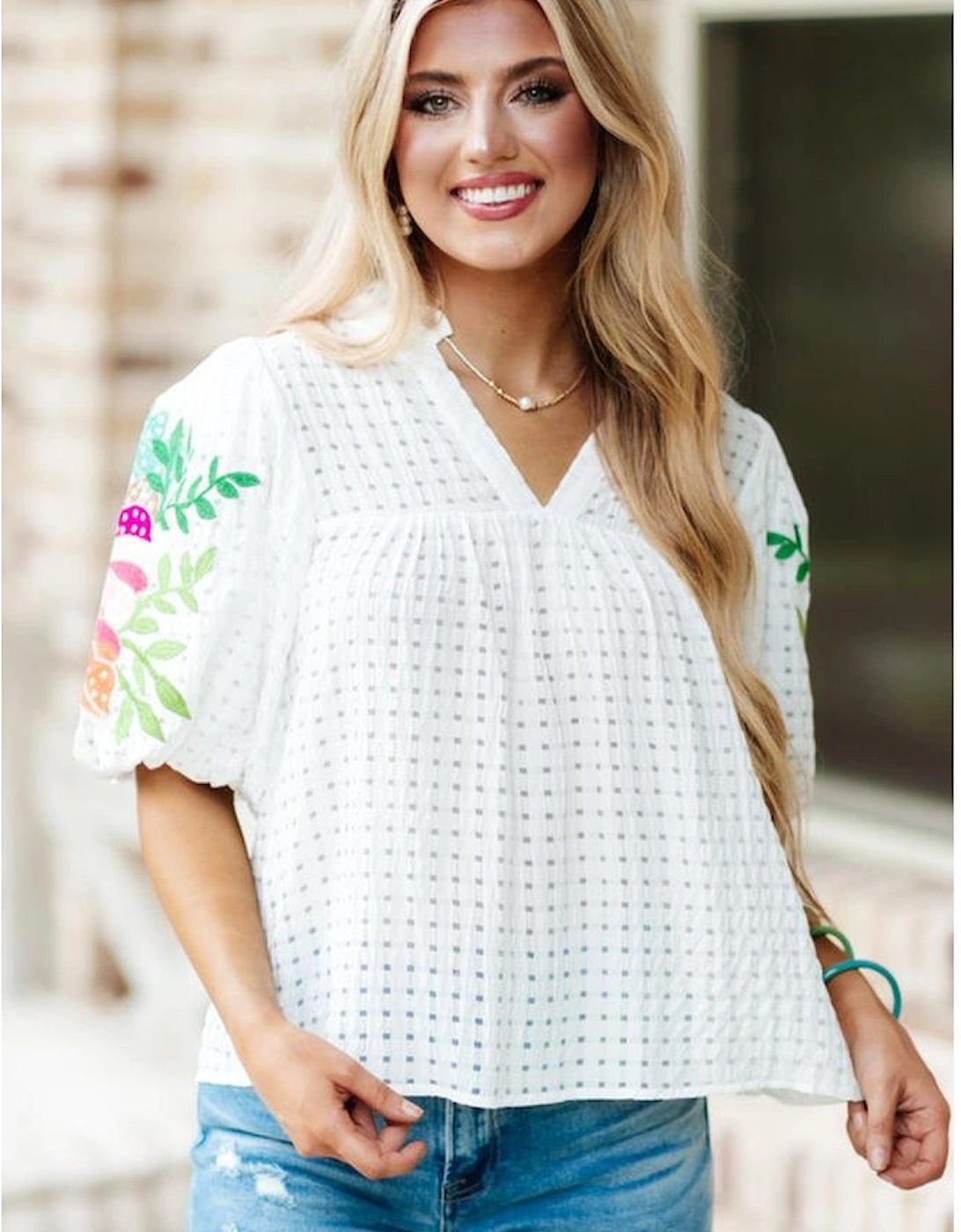 White Floral Embroidered Puff Sleeve Notched Neck Blouse