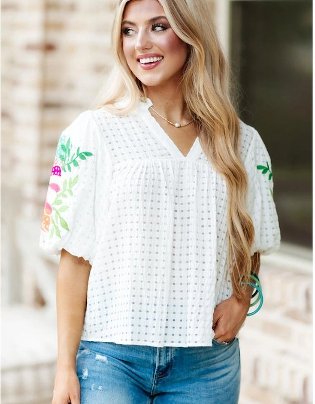 White Floral Embroidered Puff Sleeve Notched Neck Blouse, 11 of 10