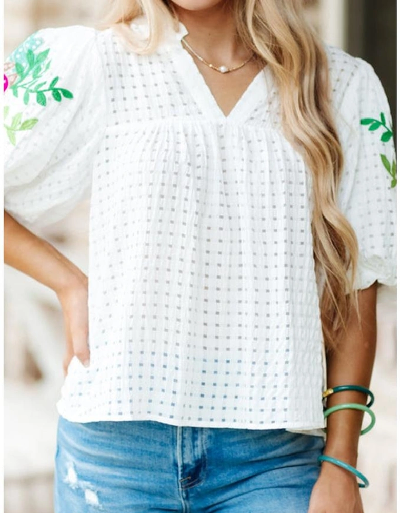 White Floral Embroidered Puff Sleeve Notched Neck Blouse