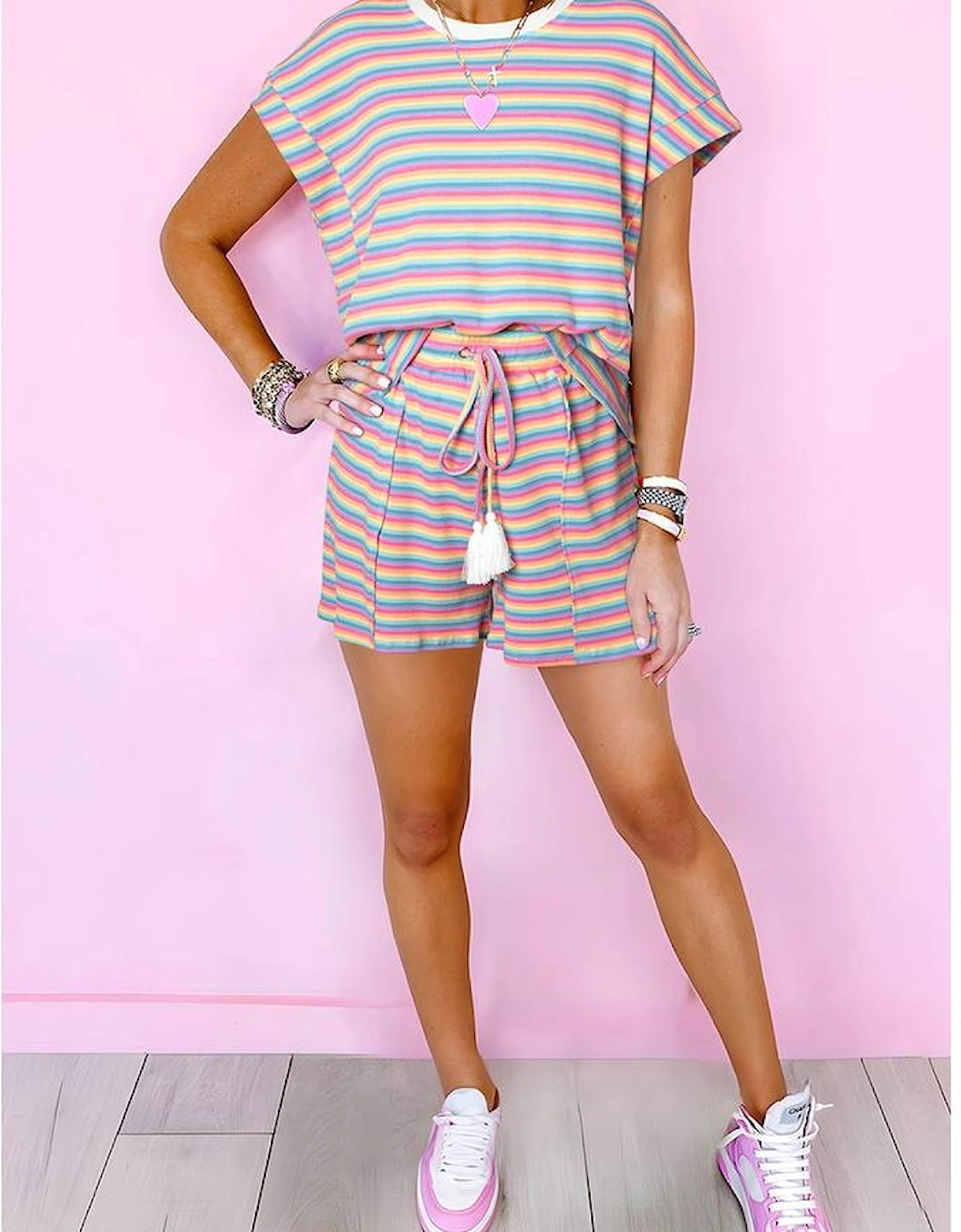 Pink Stripe Crew Neck Tee and Tasseled Drawstring Shorts Set