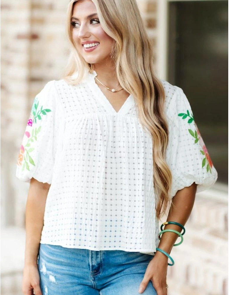 White Floral Embroidered Puff Sleeve Notched Neck Blouse