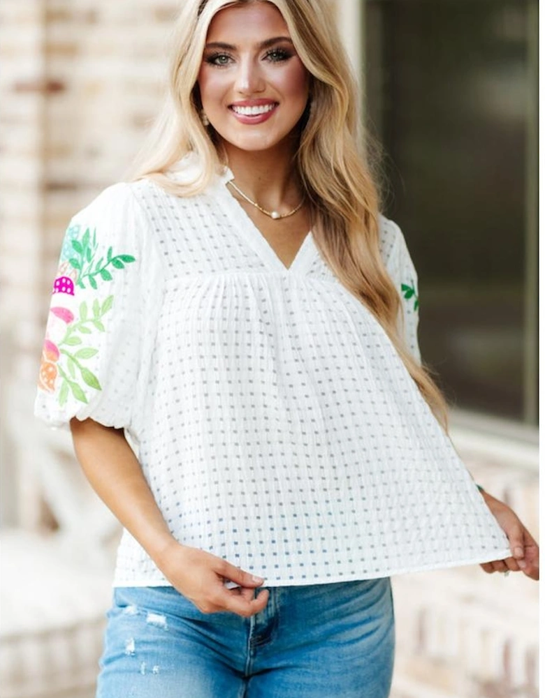 White Floral Embroidered Puff Sleeve Notched Neck Blouse