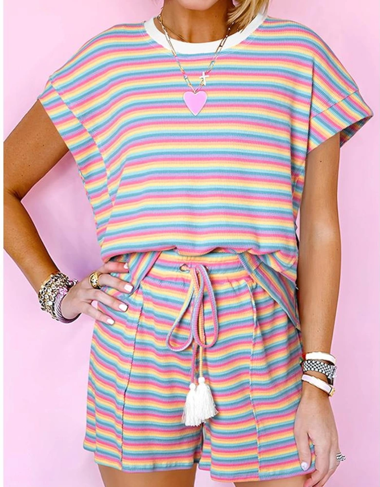 Pink Stripe Crew Neck Tee and Tasseled Drawstring Shorts Set