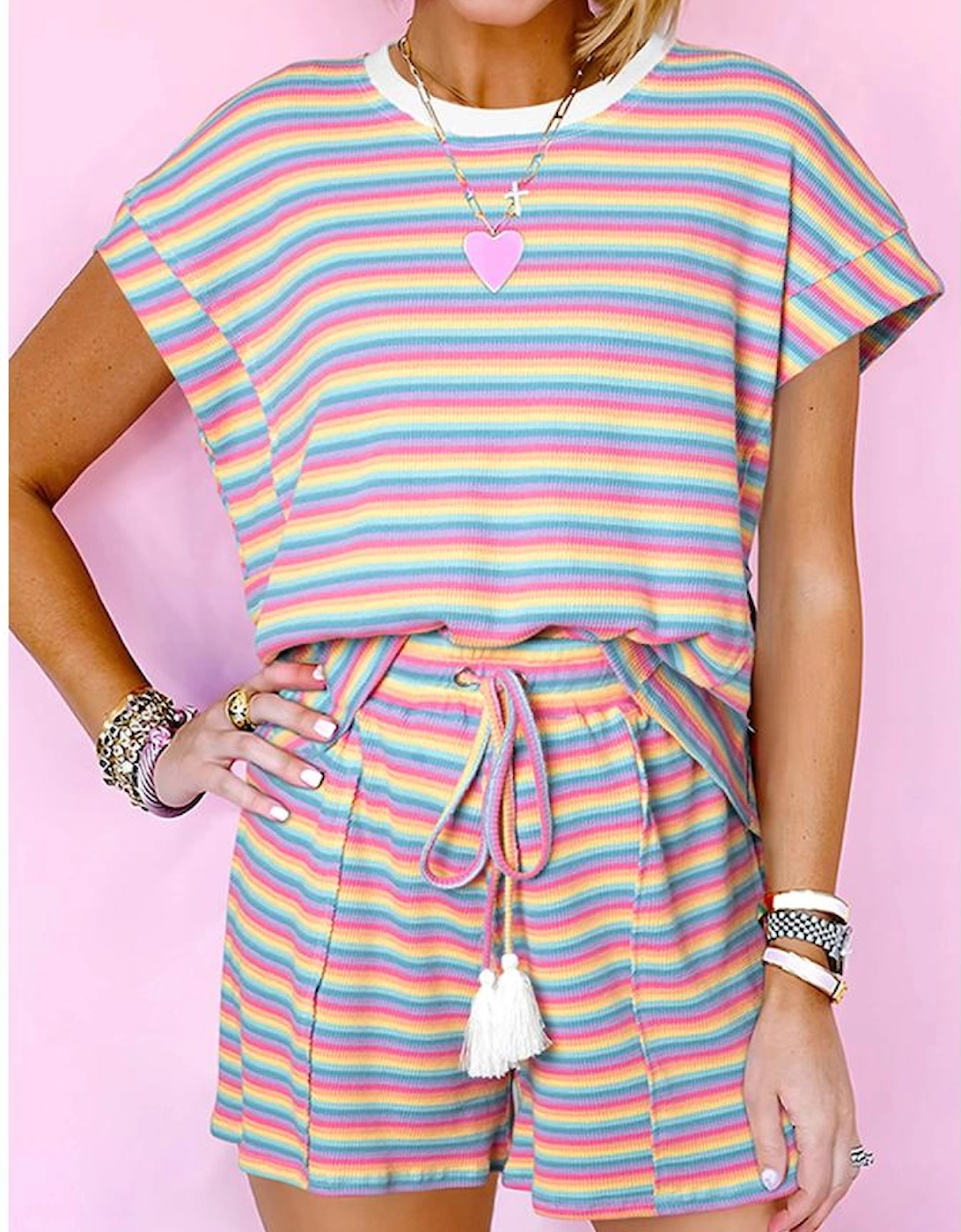 Pink Stripe Crew Neck Tee and Tasseled Drawstring Shorts Set, 10 of 9