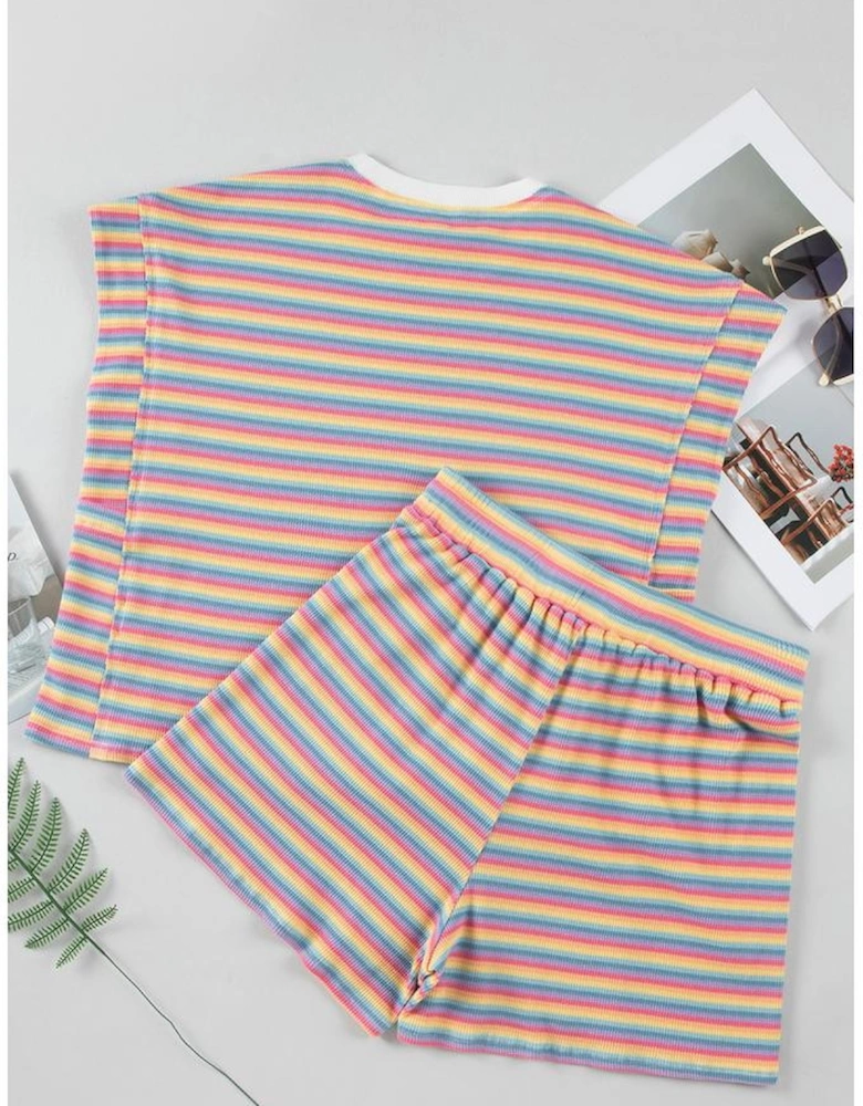 Pink Stripe Crew Neck Tee and Tasseled Drawstring Shorts Set